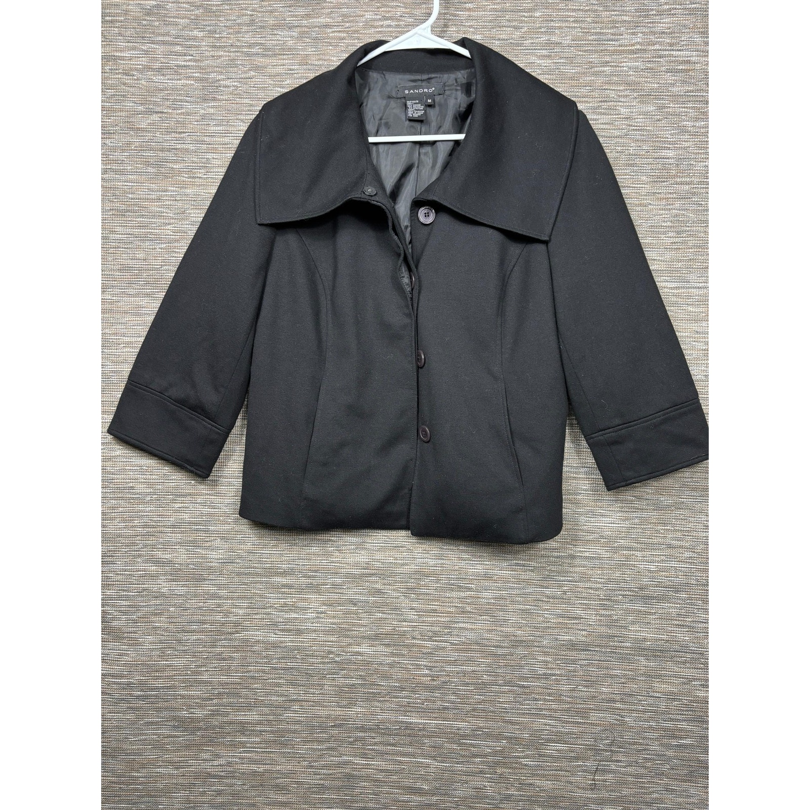 Sandro Jacket Womens Medium Black 3/4 Sleeve Button Front Short Collared Lined